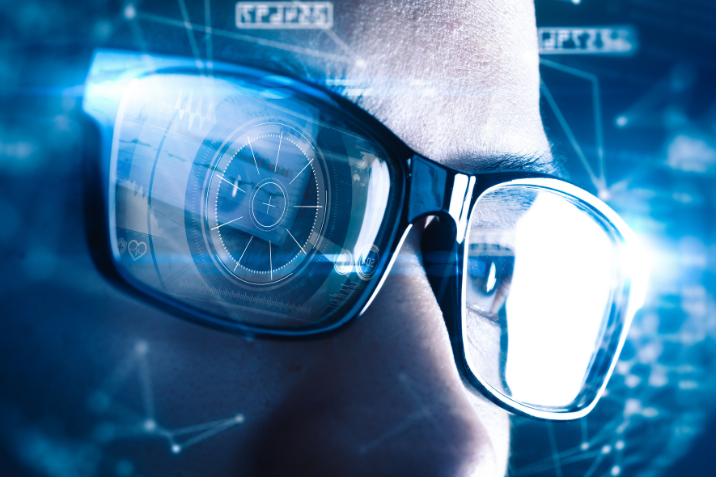 abstract businessman wearing smart glasses with futuristic hologram
