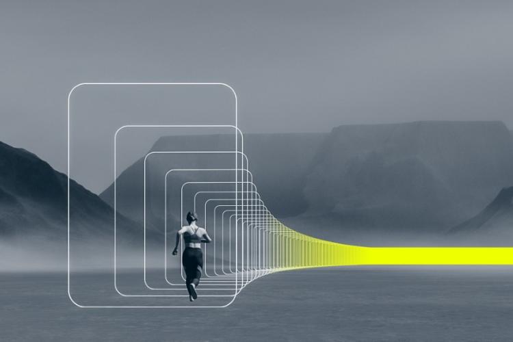 abstract image of person running into digitally created tunnel of rectangles that form green tunnel in the background